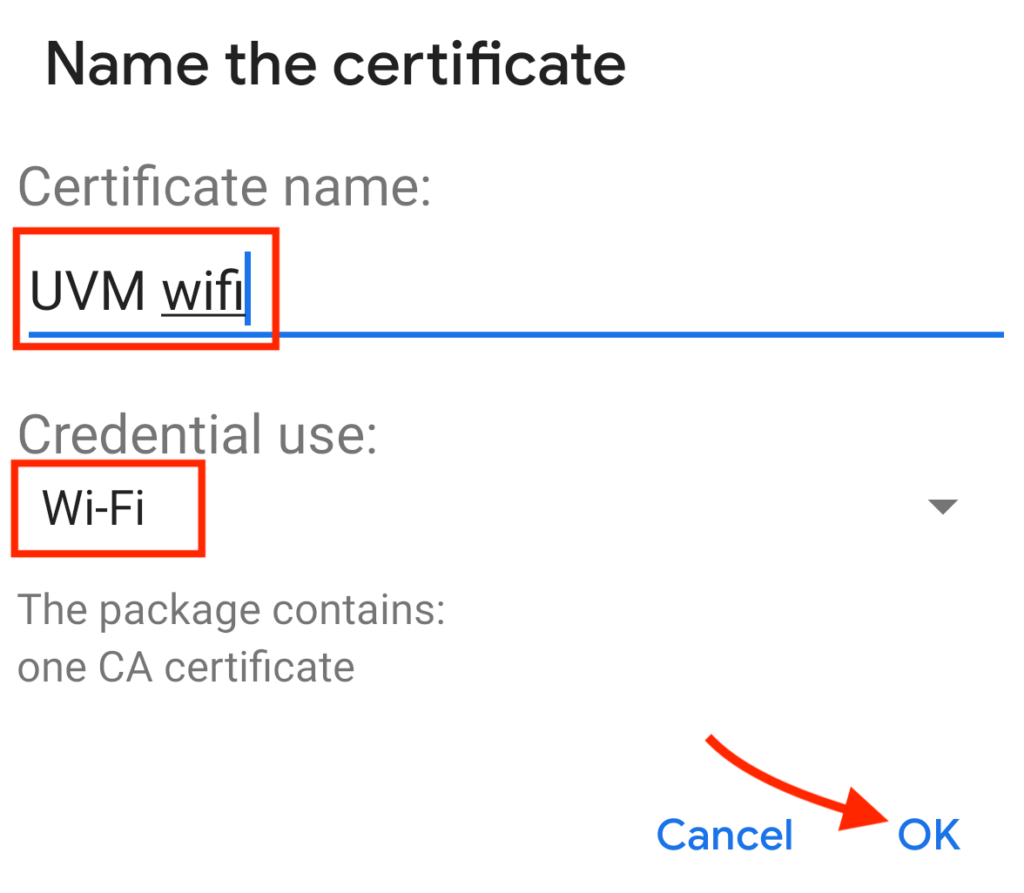 Name the certificate window with OK button highlighted